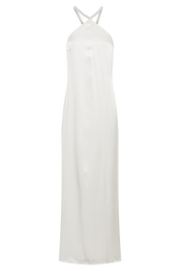Blanche Satin Pearl Halter Maxi Dress - White